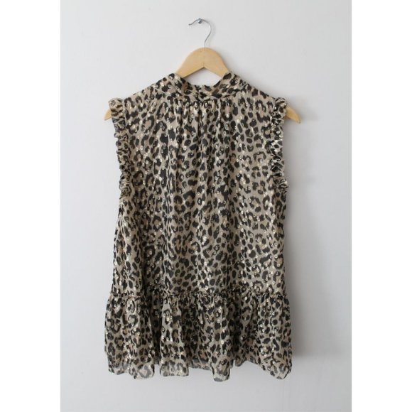 Kate Spade Leopard Print Tie-neck Chiffon Top with Metallic Size Large Gold - Picture 4 of 8